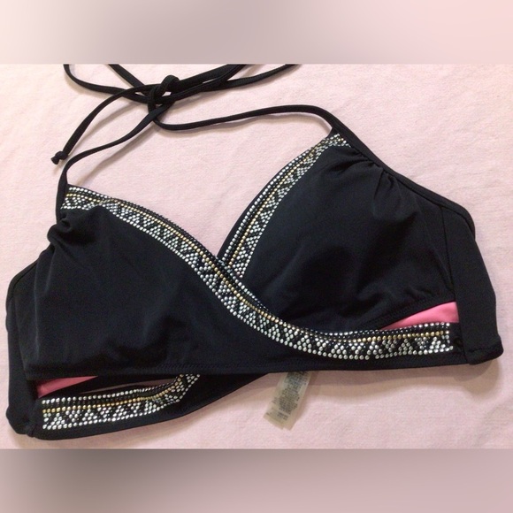 PINK Victoria's Secret Other - Viictoria’s secret PINK Black and Pink Embellished Bikini Top size L